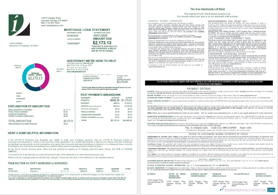 Download USA Integrity Bank mortgage loan statement in Word and PDF formats , 4 pages 1 2 Photoshop template